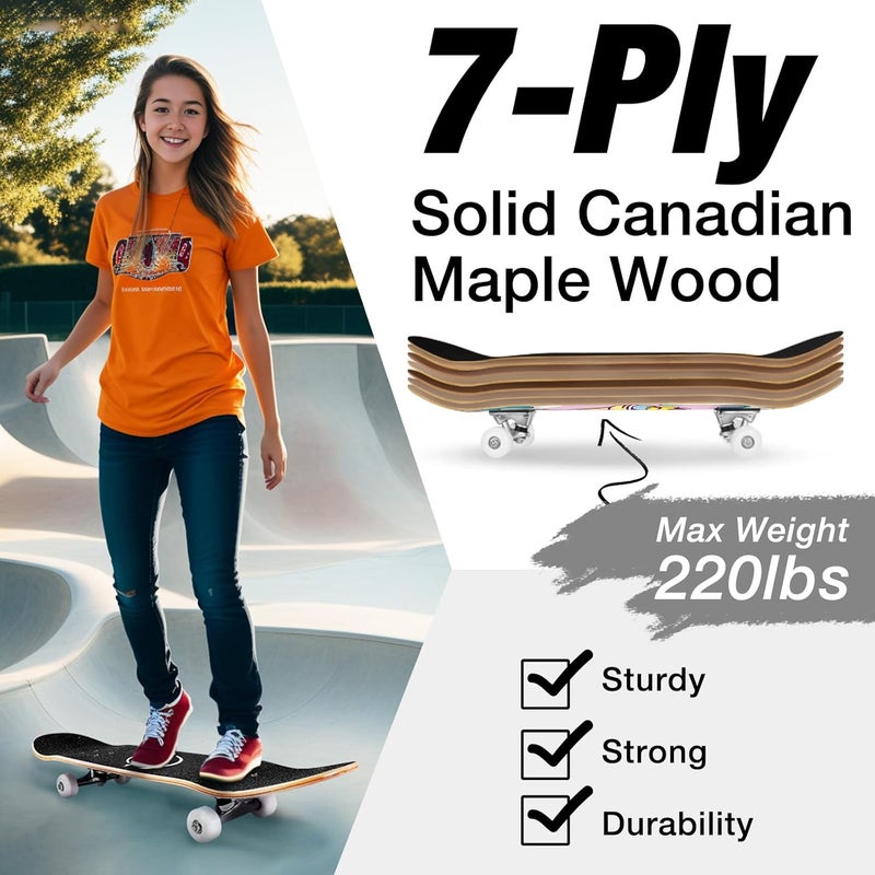 BELEEV Skateboards for Beginners, 31 x 8 inch Complete Skateboard for Kids Teens Adults, 7 Layer Canadian Maple Double Kick Deck Concave Cruiser Trick Skateboard with Multifunction Skate T-Tool - Image 2